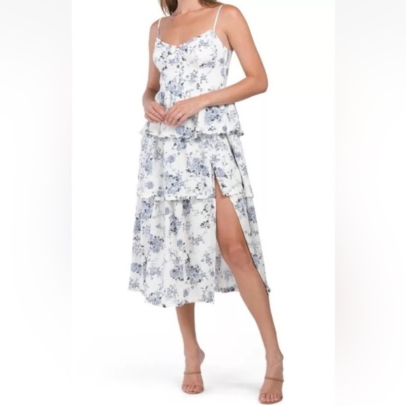 House of Harlow 1960 linen blend tiered floral toile lace up corset dress Sz M - Picture 1 of 16